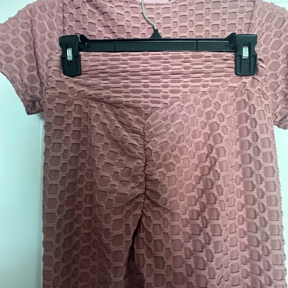 Two-Piece Textured Tie-Front Loungewear Set - Dusty Rose (M) - Picture 4 of 4